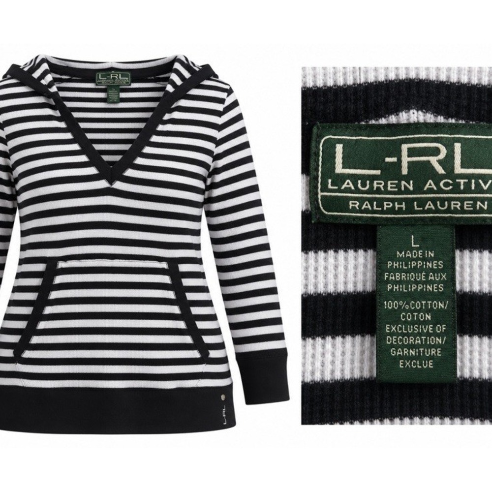 Ralph Lauren L-RL Active Large100% Cotton Stripe Hoodie Pockets